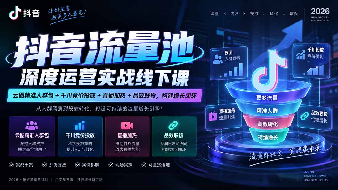 抖音流量池深度运营实战线下课｜云图精准人群包+千川竞价投放+直播加热+品效联投，构建增长闭环-佰因轻创网