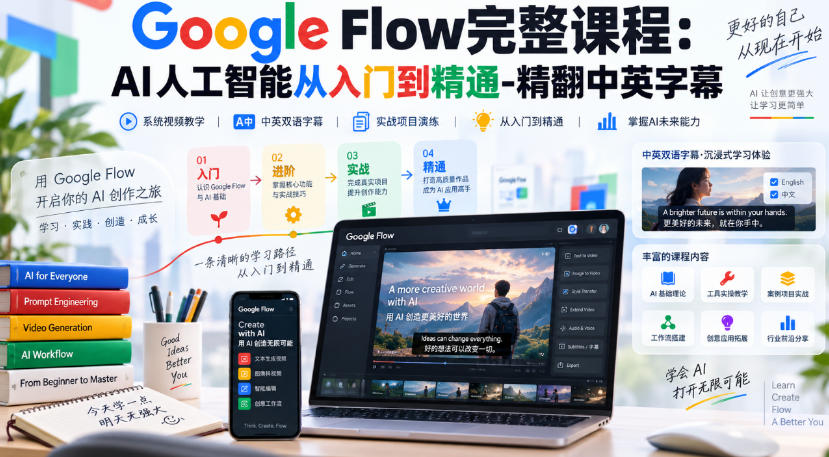 【无水印】Google Flow完整课程：AI人工智能从入门到精通-精翻中英字幕-佰因轻创网