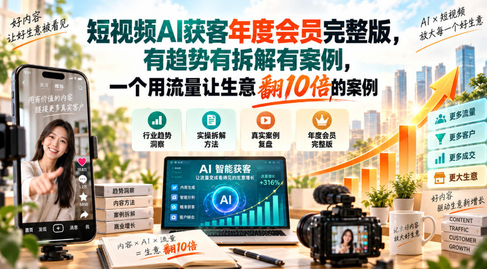 短视频AI获客年度会员完整版，有趋势有拆解有案例，一个用流量让生意翻10倍的案例-佰因轻创网