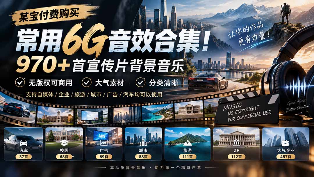 某宝付费购买，常用6G音效合集！970+首宣传片背景音乐，无版权可商用大气素材，分类清晰-佰因轻创网