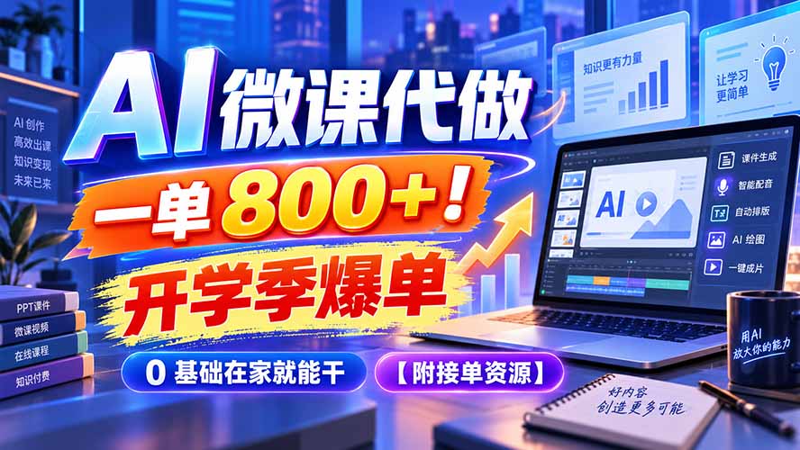 AI 微课代做，一单 800+！开学季爆单，0 基础在家就能干【附接单资源】-佰因轻创网