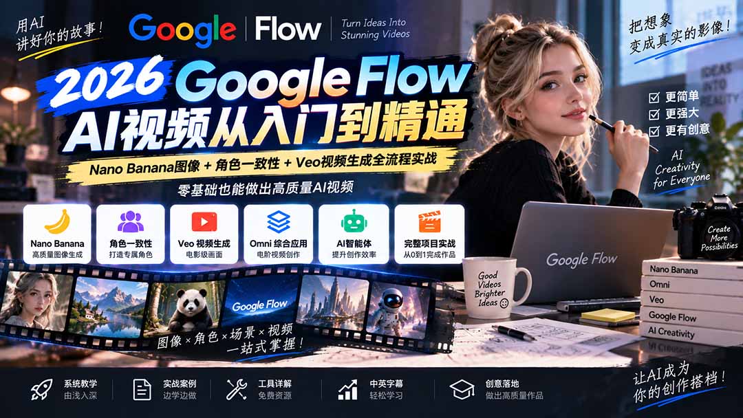 【无水印】Google Flow AI视频从入门到精通:Nano Banana图像+角色一致性+Veo视频生成全流程实战-精翻中英字幕-佰因轻创网