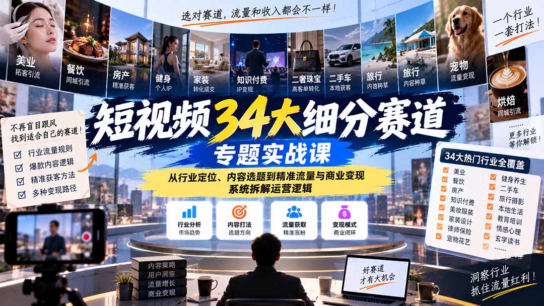 短视频34大细分赛道专题实战课：从行业定位、内容选题到精准流量与商业变现，系统拆解运营逻辑-佰因轻创网