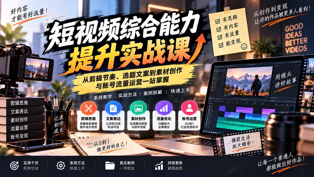 短视频综合能力提升实战课：从剪辑节奏、选题文案到素材创作与账号流量运营一站掌握-佰因轻创网