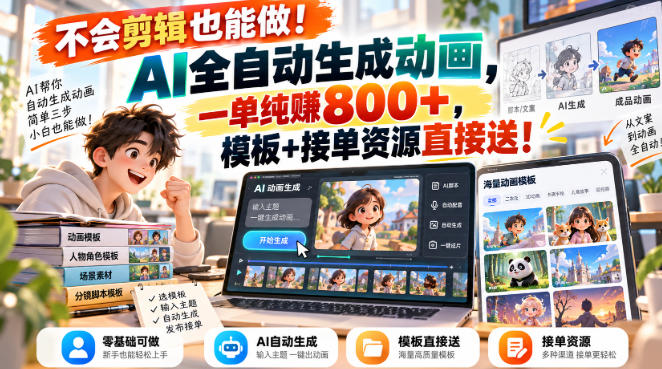不会剪辑也能做！AI全自动生成动画，一单纯賺800+，模板+接单资源直接送！【揭秘】-佰因轻创网
