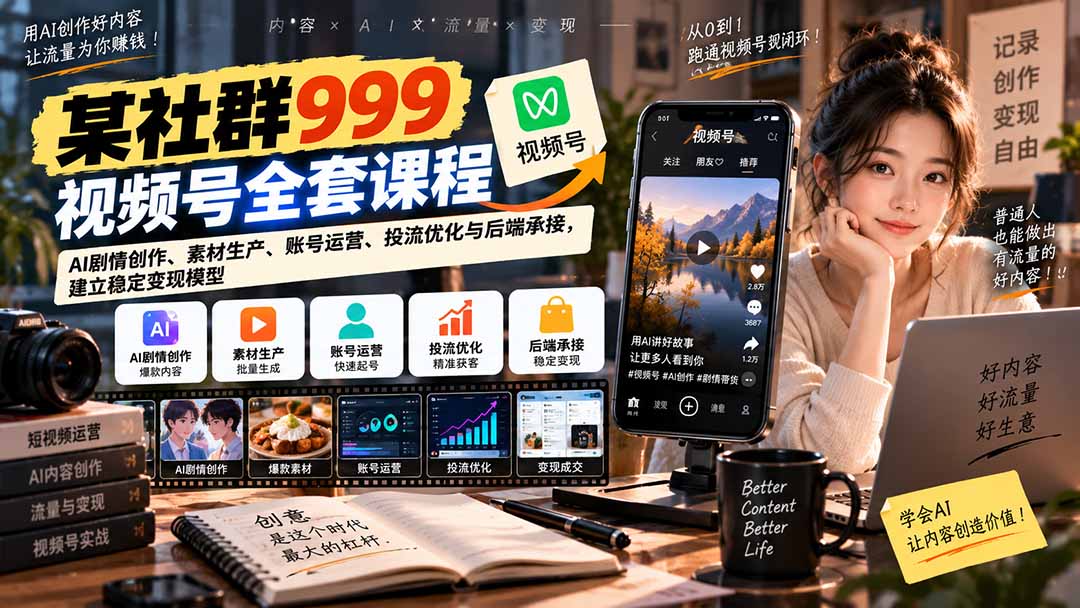 【无水印】某社群999视频号全套课程:AI剧情创作、素材生产、账号运营、投流优化与后端承接,建立稳定变现模型-佰因轻创网