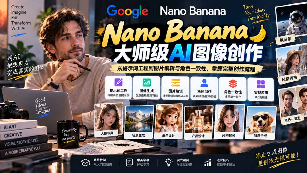【无水印】Nano Banana大师级AI图像实战课:从提示词工程到图片编辑与角色一致性,掌握完整创作流程-佰因轻创网