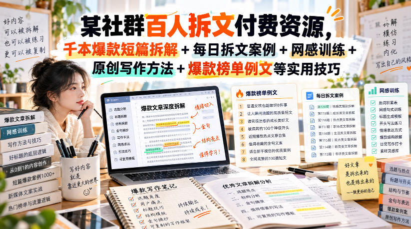 某社群百人拆文付费资源，千本爆款短篇拆解+每日拆文案例+网感训练+原创写作方法+爆款榜单例文等实用技巧(持续更新)-佰因轻创网