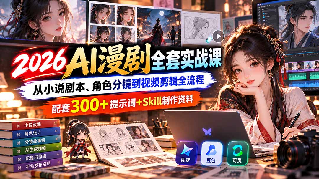 【无水印】2026AI漫剧全套实战课：从小说剧本、角色分镜到视频剪辑全流程，配套300+提示词+Skill制作资料-佰因轻创网