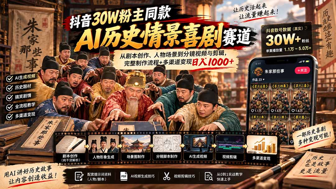 抖音30W粉博主同款AI历史情景喜剧赛道:从剧本创作、人物场景到分镜视频与剪辑,完整制作流程+多渠道变现日入1000+-佰因轻创网
