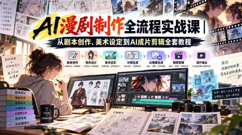 AI漫剧制作全流程实战课｜从剧本创作、美术设定到AI成片剪辑全套教程​-佰因轻创网