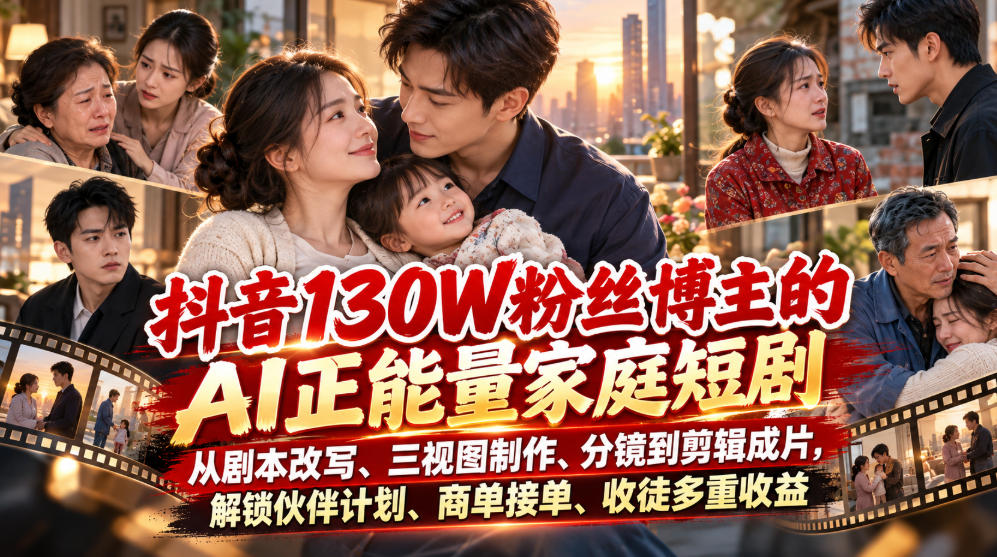 抖音130W粉丝博主的AI正能量家庭短剧，从剧本改写、三视图制作、分镜到剪辑成片，解锁伙伴计划、商单接单、收徒多重收益-佰因轻创网