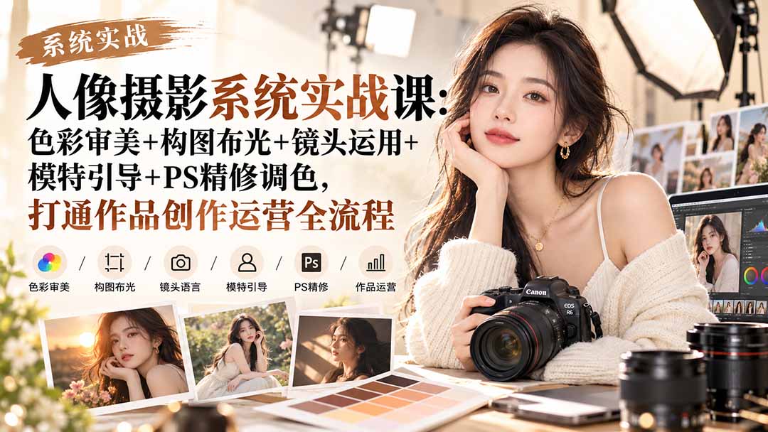 【无水印】人像摄影系统实战课：色彩审美+构图布光+镜头运用+模特引导+PS精修调色，打通作品创作运营全流程-佰因轻创网