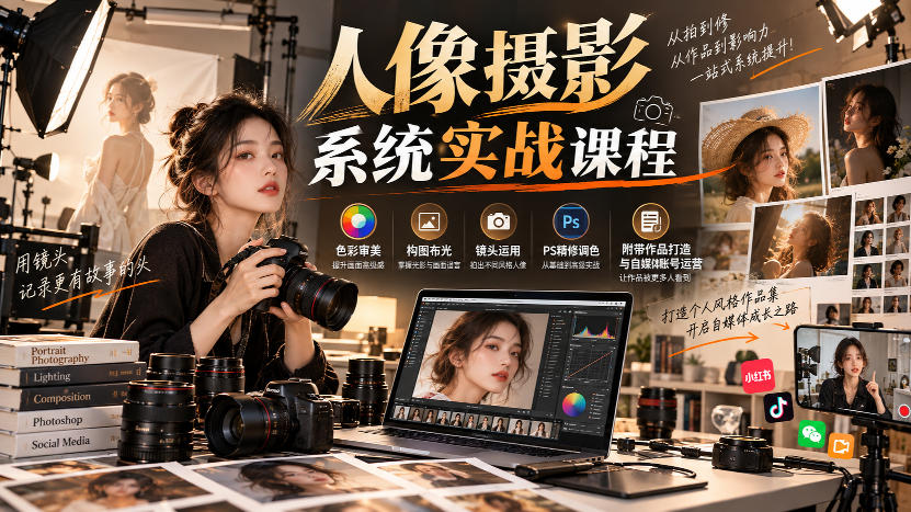 【无水印】人像摄影系统实战课程，色彩审美、构图布光、镜头运用、PS精修调色，附带作品打造与自媒体账号运营-佰因轻创网