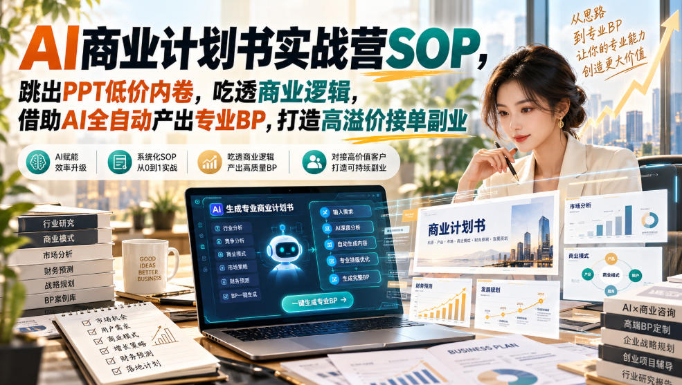 AI商业计划书实战营SOP，跳出PPT低价内卷，吃透商业逻辑，借助AI全自动产出专业BP，打造高溢价接单副业-佰因轻创网