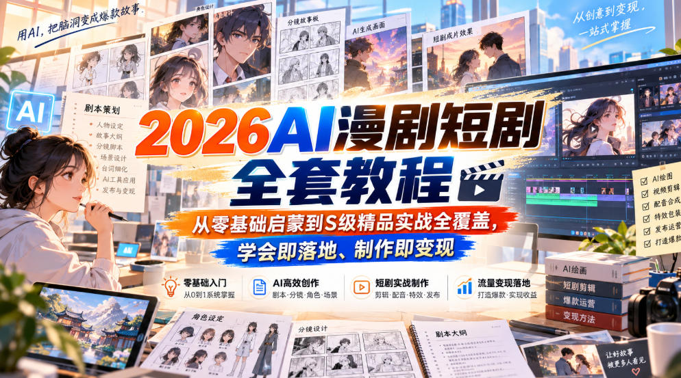 2026AI漫剧短剧全套教程，从零基础启蒙到S级精品实战全覆盖，学会即落地、制作即变现-佰因轻创网
