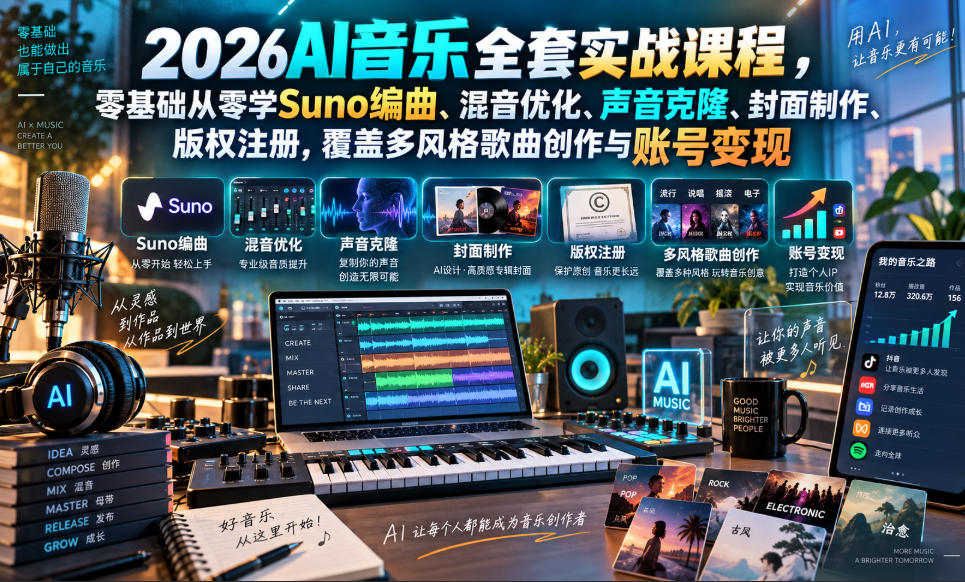 2026AI音乐实战课程，零基础从零学Suno编曲、混音优化、声音克隆、版权注册，覆盖多风格歌曲创作与账号变现(更新0924)-佰因轻创网