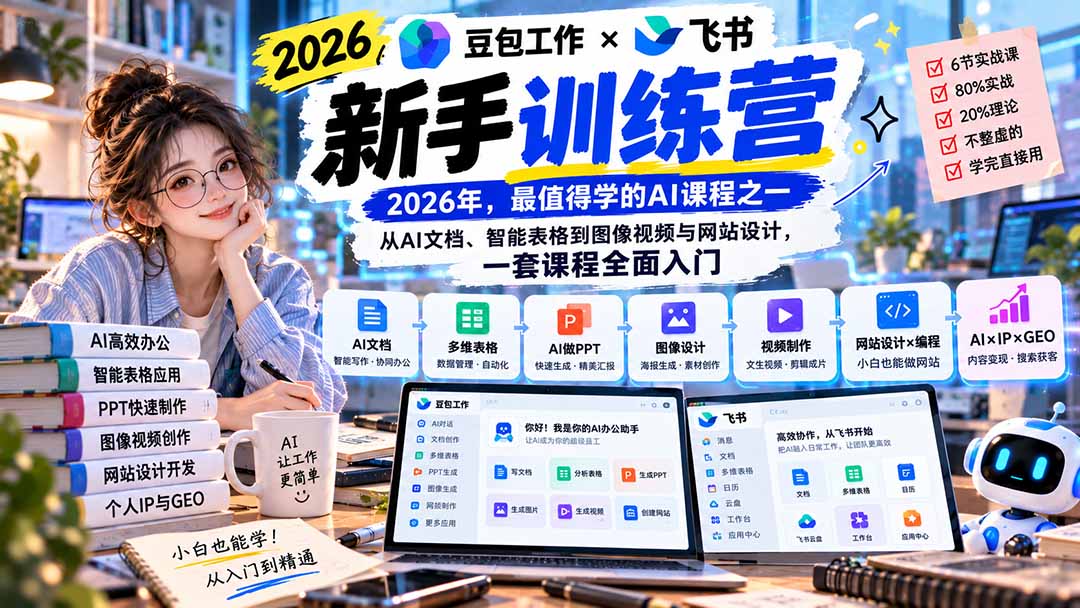 2026豆包工作+飞书新手训练营-9月新课：从AI文档、智能表格到图像视频与网站设计，一套课程全面入门-佰因轻创网