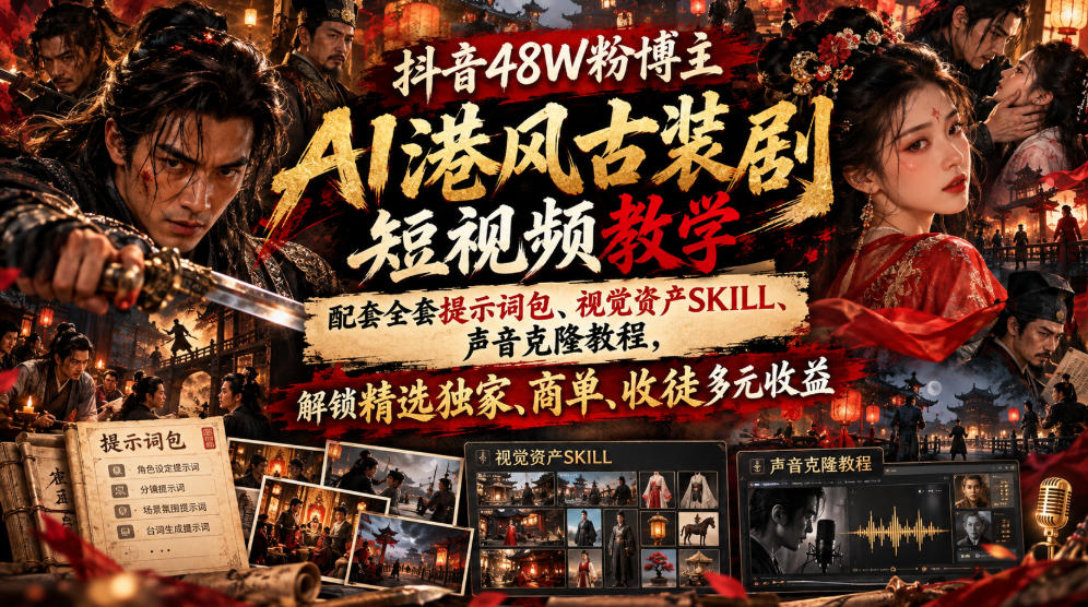 抖音48W粉博主AI港风古装剧短视频教学，配套全套提示词包、视觉资产SKILL、声音克隆教程，解锁精选独家、商单、收徒多元收益-佰因轻创网
