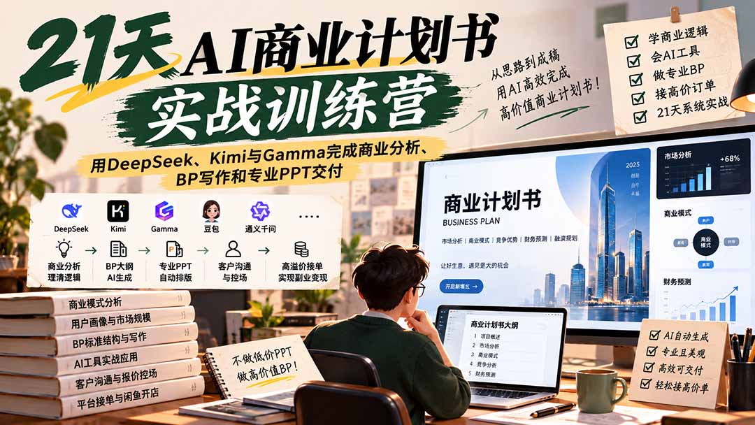 【无水印】21天AI商业计划书实战训练营：用DeepSeek、Kimi与Gamma完成商业分析、BP写作和专业PPT交付-佰因轻创网
