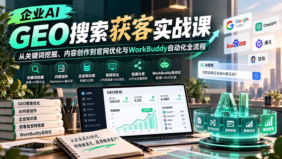 企业AI GEO搜索获客实战课：从关键词挖掘、内容创作到官网优化与WorkBuddy自动化全流程-佰因轻创网