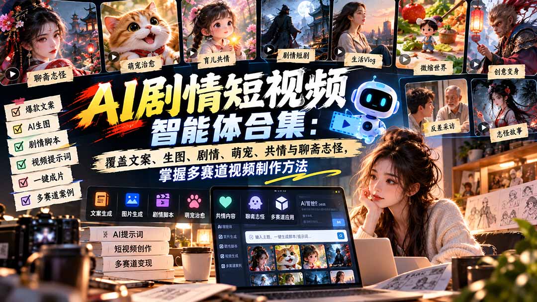 【无水印】AI剧情短视频智能体合集：覆盖文案、生图、剧情、萌宠、共情与聊斋志怪，掌握多赛道视频制作方法-佰因轻创网