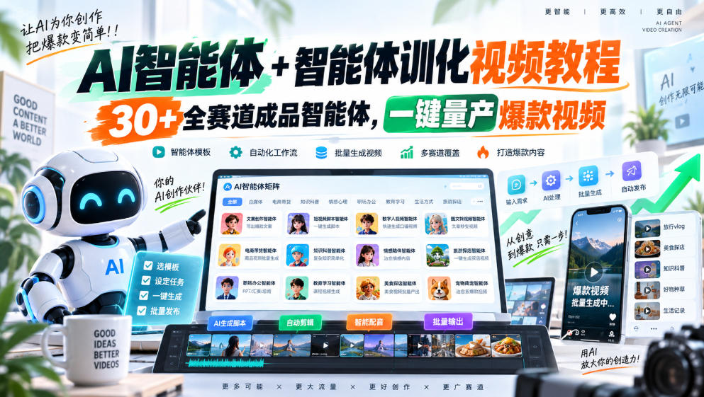 【无水印】AI智能体+智能体训化视频教程，30+全赛道成品智能体，一键量产爆款视频【更新】-佰因轻创网