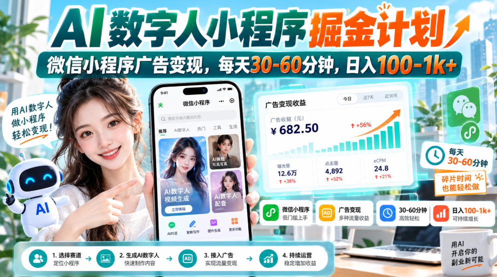 【无水印】AI数字人小程序掘金计划，微信小程序广告变现，每天30‑60分钟，日入100‑1k+-佰因轻创网
