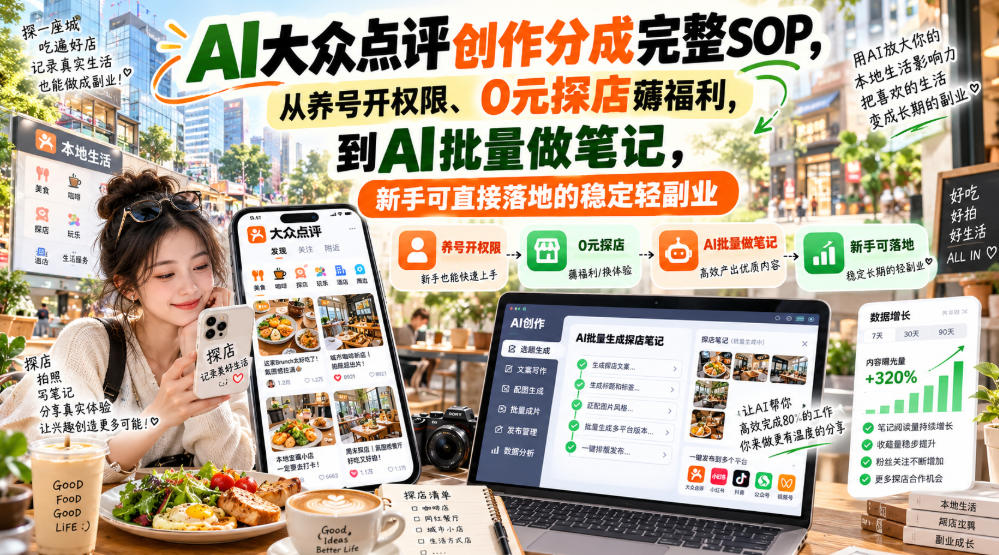 【无水印】AI大众点评创作分成完整SOP，从养号开权限、0元探店薅福利，到AI批量做笔记，新手可直接落地的稳定轻副业-佰因轻创网