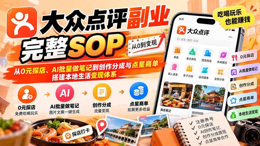 【无水印】大众点评副业完整SOP：从0元探店、AI批量做笔记到创作分成与点星商单，搭建本地生活变现体系-佰因轻创网