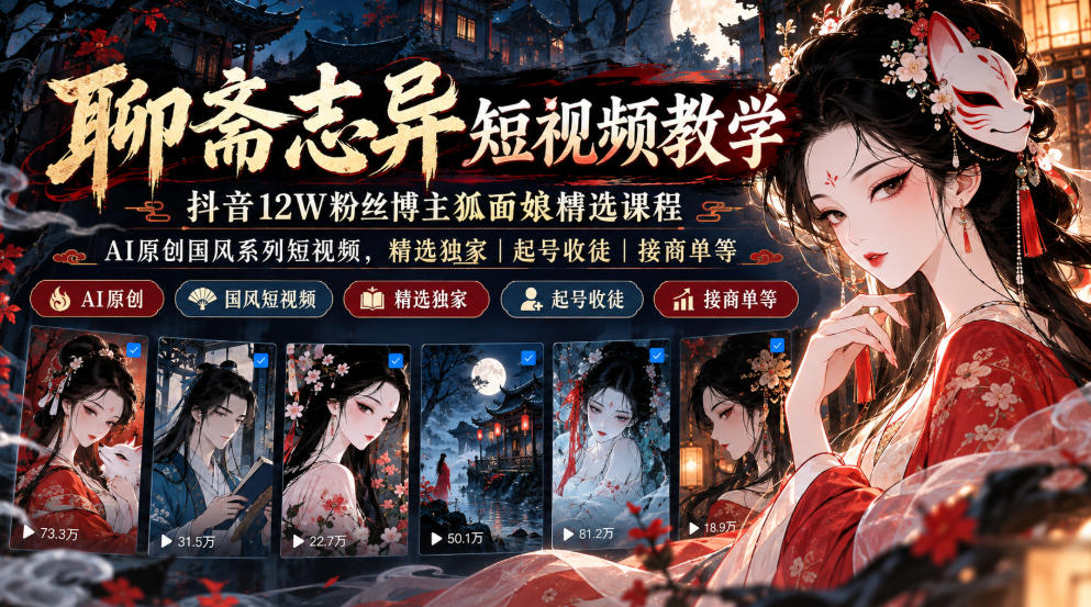 聊斋志异短视频教学，抖音12W粉丝博主狐面娘精选课程，AI原创国风系列短视频，精选独家丨起号收徒丨接商单等-佰因轻创网
