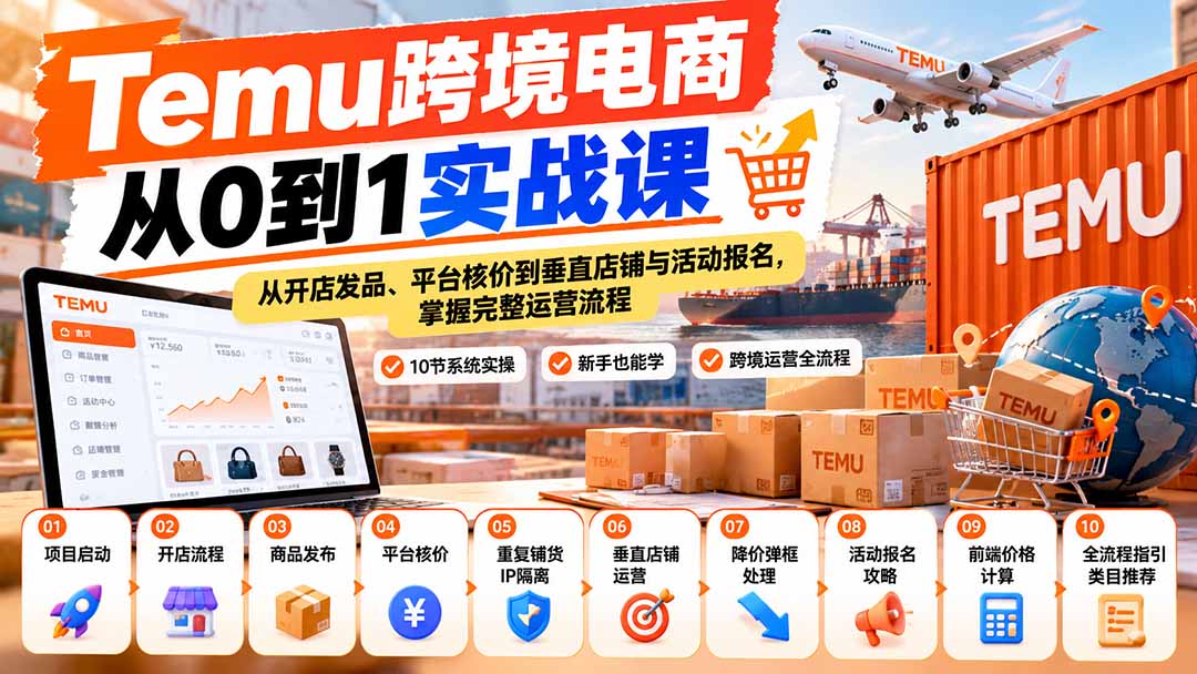 【无水印】Temu跨境电商从0到1实战课：从开店发品、平台核价到垂直店铺与活动报名，掌握完整运营流程-佰因轻创网