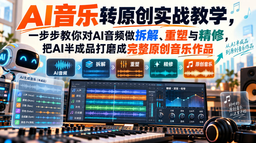 AI音乐转原创实战教学，一步步教你对AI音频做拆解、重塑与精修，把AI半成品打磨成完整原创音乐作品-佰因轻创网