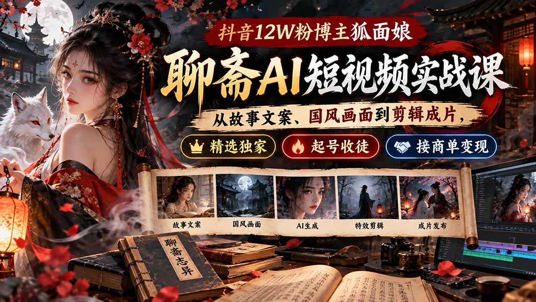 抖音12W粉博主狐面娘-聊斋AI短视频实战课：从故事文案、国风画面到剪辑成片，精选独家+起号收徒+接商单变现-佰因轻创网