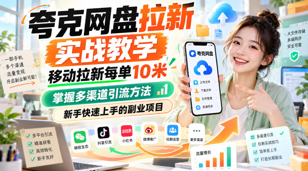 夸克网盘拉新实战教学，移动拉新每单10米，掌握多渠道引流方法，新手快速上手的副业项目-佰因轻创网