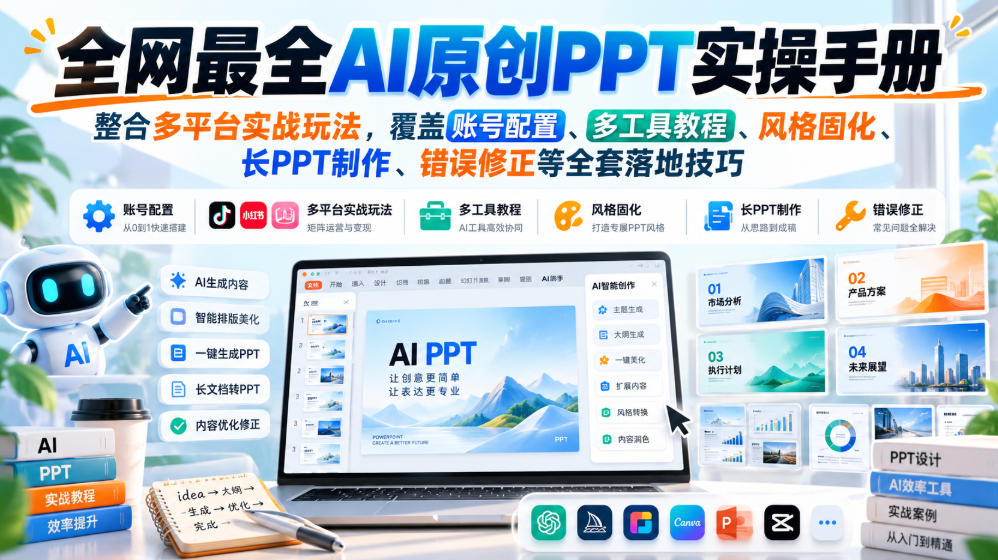 全网最全AI原创PPT实操手册，整合多平台实战玩法，覆盖账号配置、多工具教程、风格固化、长PPT制作、错误修正等全套落地技巧-佰因轻创网