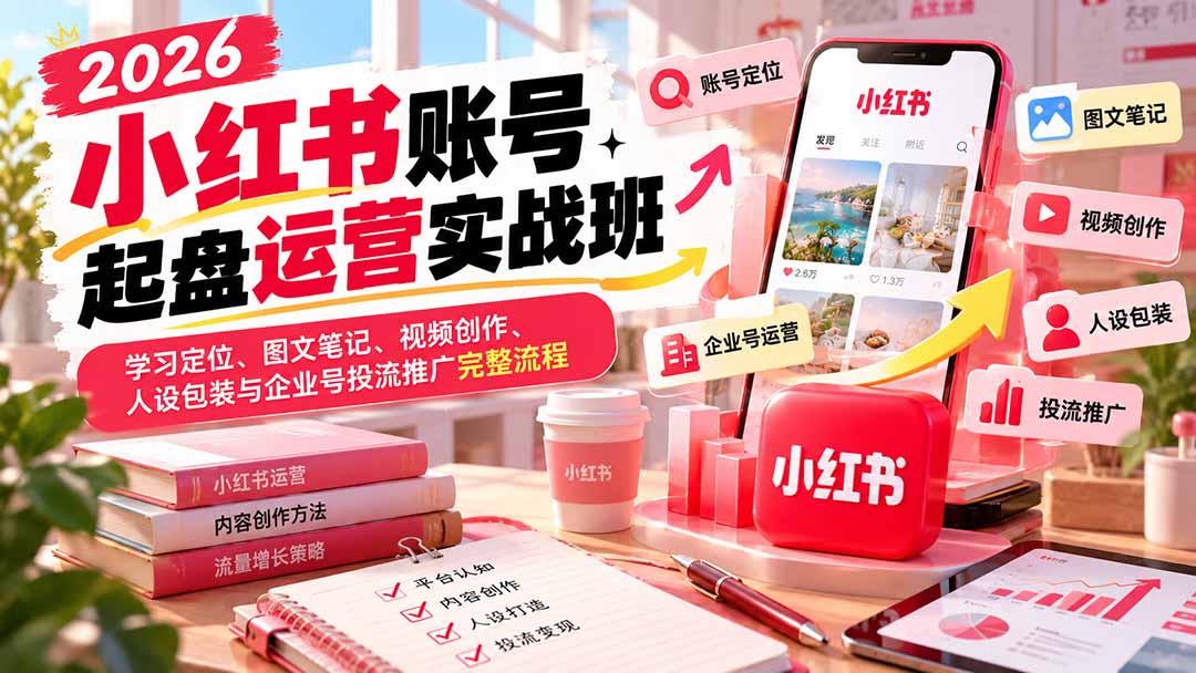 2026小红书账号起盘运营实战班：学习定位、图文笔记、视频创作、人设包装与企业号投流推广完整流程-佰因轻创网