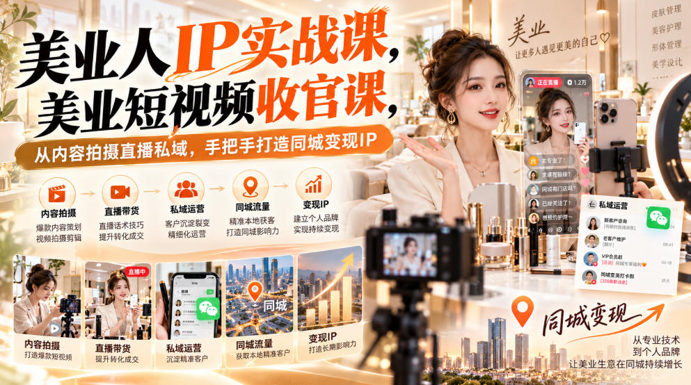 【无水印】美业人IP实战课，美业短视频收官课，从内容拍摄直播私域，手把手打造同城变现IP-佰因轻创网