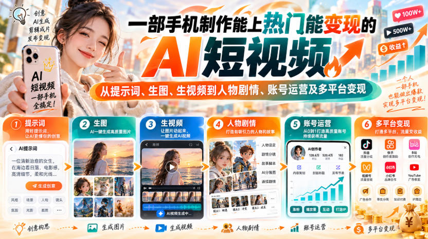 【无水印】一部手机制作能上热门能变现的AI短视频，从提示词、生图、生视频到人物剧情、账号运营及多平台变现-佰因轻创网