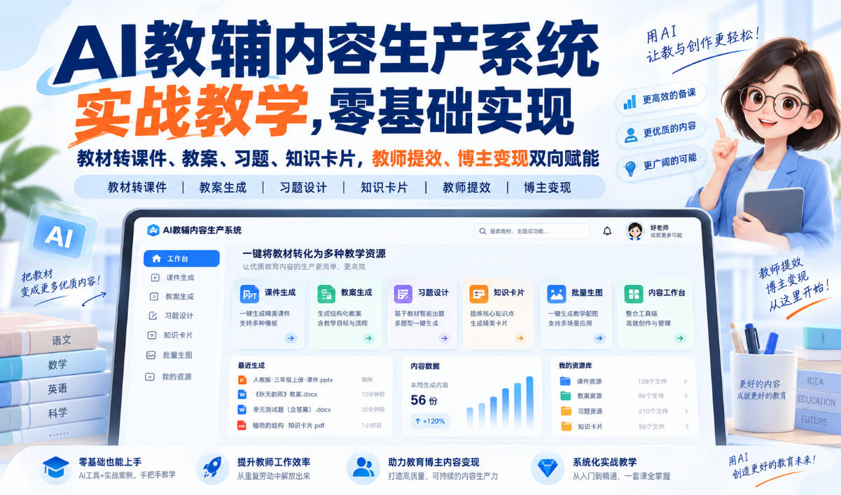 【无水印】AI教辅内容生产系统实战教学，零基础实现教材转课件、教案、习题、知识卡片，教师提效、博主变现双向赋能(更新0926)-佰因轻创网