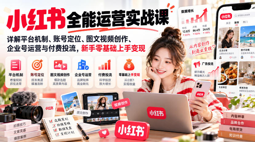 小红书全能运营实战课,详解平台机制、账号定位、图文视频创作、企业号运营与付费投流,新手零基础上手变现-佰因轻创网