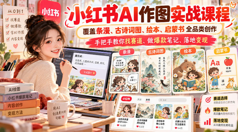 小红书AI作图实战课程，覆盖条漫、古诗词图、绘本、启蒙书全品类创作，手把手教你找赛道、做爆款笔记、落地变现-佰因轻创网