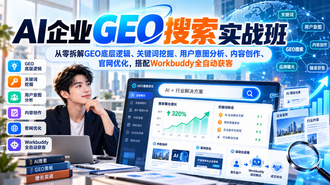 AI企业GEO搜索实战班，从零拆解GEO底层逻辑、关键词挖掘、用户意图分析、内容创作、官网优化，搭配Workbuddy全自动获客-佰因轻创网