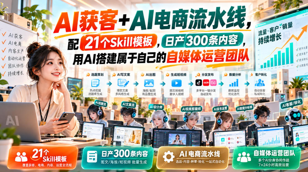 AI获客+AI电商流水线，配21个Skill模板，日产300条内容，用AI搭建属于自己的自媒体运营团队-佰因轻创网
