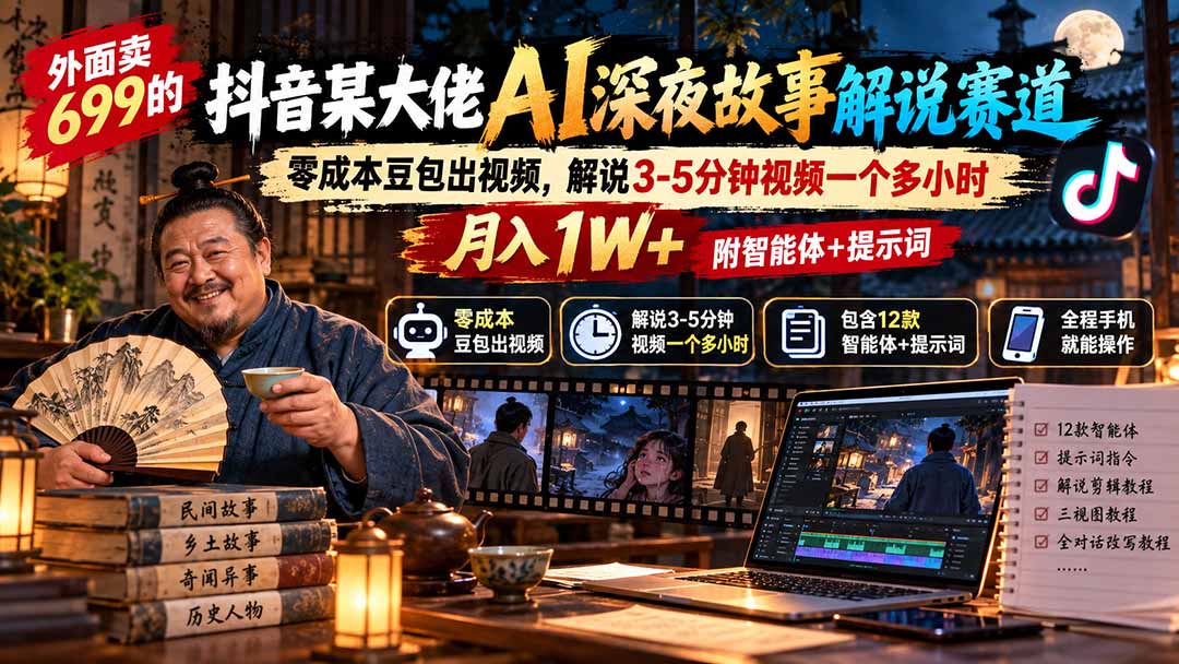 外面卖699的抖音某大佬AI深夜故事解说赛道：零成本豆包出视频，解说3-5分钟视频一个多小时，月入1W+附智能体+提示词-佰因轻创网