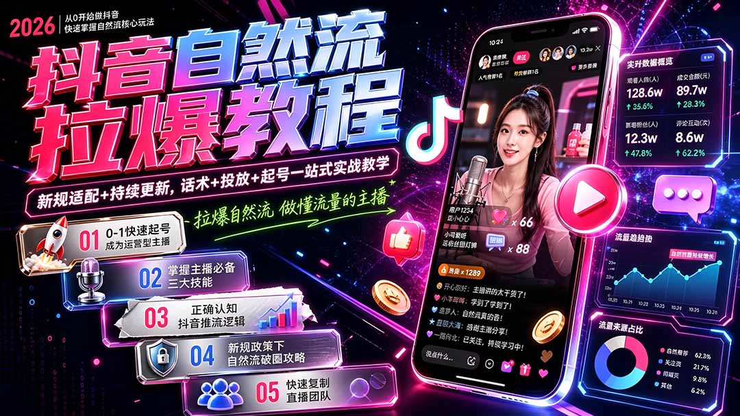 抖音自然流拉爆教程-更新9月：做懂流量的主播，新规适配+持续更新，话术+投放+起号一站式实战教学-佰因轻创网