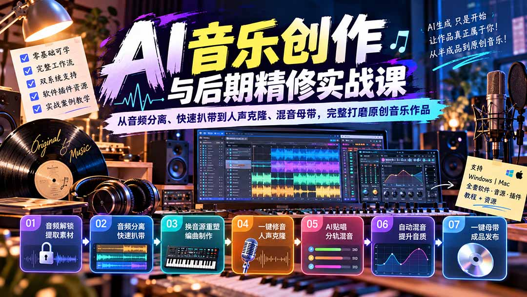 AI音乐创作与后期精修实战课：从音频分离、快速扒带到人声克隆、混音母带，完整打磨原创音乐作品-佰因轻创网
