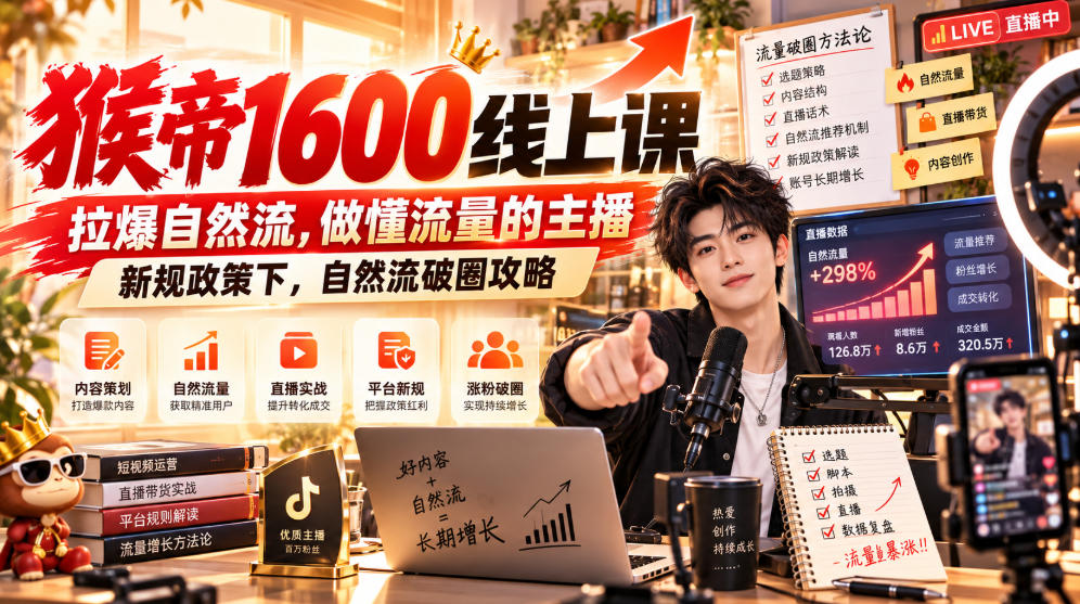 猴帝1600线上课，拉爆自然流，做懂流量的主播，新规政策下，自然流破圈攻略【更新260926】-佰因轻创网