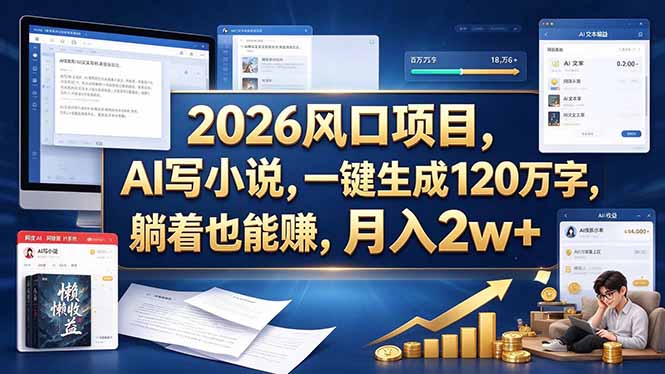 2026 风口项目，AI 写小说，一键生成 120 万字，躺着也能赚，月入 2w +-佰因轻创网