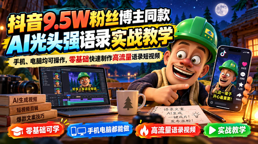 抖音9.5W粉丝博主同款AI光头强语录实战教学，手机、电脑均可操作，零基础快速制作高流量语录短视频-佰因轻创网